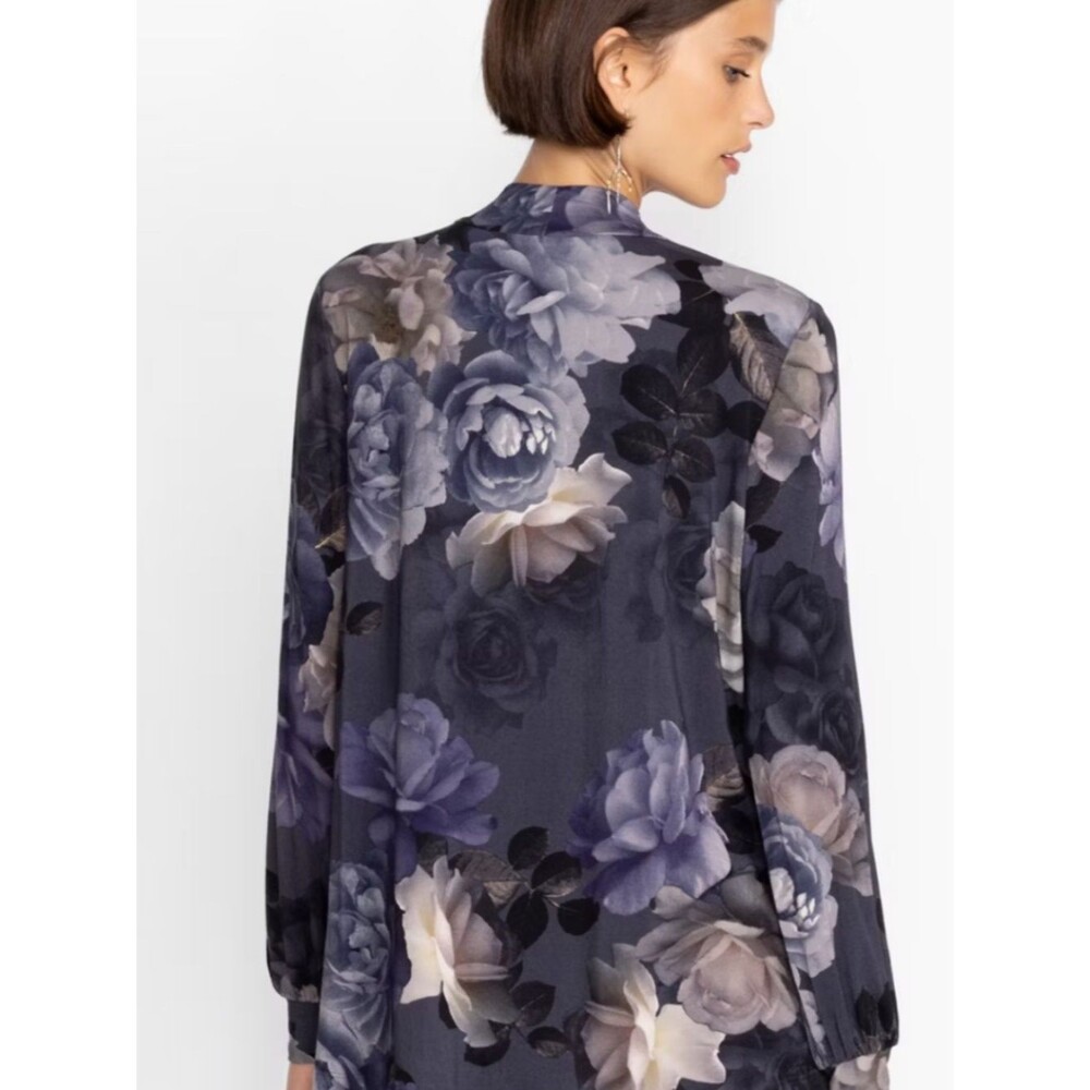 Johnny Was Janie Favorite Grey Peony Puff Sleeve Mock Neck Top Size XXS Floral - Picture 2 of 8